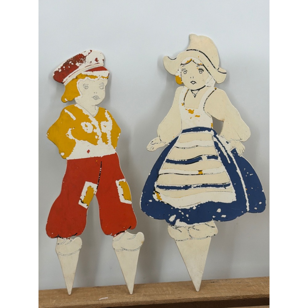 Vintage Plastic Dutch Boy & Girl Garden Stakes Hand Painted Folk Art Yard Decor